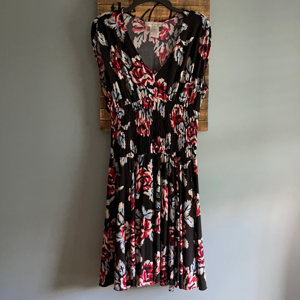Nine West Black Floral V-Neck Dress with Red and Cream Accents